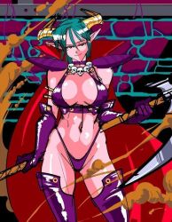 Rule 34 | 1girl, breasts, carrera, demon girl, elbow gloves, gloves, green hair, horns, large breasts, long hair, pointy ears, solo, thighhighs, viper, viper gts, watatanza, weapon