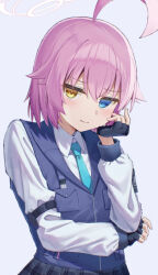 Rule 34 | 1girl, ahoge, black gloves, black skirt, blue archive, blue background, blue eyes, blue necktie, blue vest, blush, closed mouth, collared shirt, commentary request, embarrassed, fingerless gloves, gloves, hair between eyes, halo, head rest, heterochromia, highres, hoshino (blue archive), hoshino (young) (blue archive), huge ahoge, long sleeves, looking at viewer, necktie, no.054 (adar5857), pink hair, pink halo, plaid, plaid skirt, pleated skirt, puffy long sleeves, puffy sleeves, shirt, short hair, simple background, skirt, solo, upper body, vest, white shirt, yellow eyes