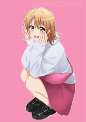 Rule 34 | 1girl, :d, absurdres, bad id, bad pixiv id, bag, black footwear, blush, brown hair, full body, hair between eyes, head rest, highres, hood, hood down, hooded sweater, isshiki iroha, loafers, long sleeves, looking at viewer, medium hair, miniskirt, open mouth, pink background, pink skirt, shoes, simple background, skirt, smile, socks, solo, squatting, sweater, tina1213, twitter username, watermark, white socks, white sweater, yahari ore no seishun lovecome wa machigatteiru., yellow eyes