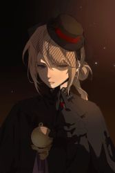 Rule 34 | 1girl, absurdres, black dress, black hat, black neckerchief, black veil, blonde hair, blue eyes, chinese commentary, cijian823, commentary request, dark, dress, hat, highres, lips, long hair, looking at viewer, lord of the mysteries, medallion, neckerchief, shaded face, sharron (lord of the mysteries), simple background, solo, veil
