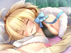 Rule 34 | 2girls, ahoge, andira (granblue fantasy), bare shoulders, blonde hair, blue bow, blush, bow, breasts, brown jacket, cleavage, closed eyes, commentary request, djeeta (granblue fantasy), drooling, facing viewer, fur-trimmed jacket, fur trim, girl on top, granblue fantasy, hair between eyes, head out of frame, highres, jacket, kanopan, lying, medium breasts, multiple girls, off shoulder, on back, on stomach, parted lips, pink skirt, saliva, shirt, sidelocks, skirt, sleeping, solo focus, white shirt