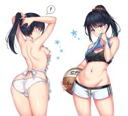 Rule 34 | !, 10s, 1girl, apron, ass, back, ball, basketball, basketball (object), black bra, black hair, blue eyes, blush, bra, breasts, butt crack, cenangam, cleavage, clothes lift, from behind, gridman universe, groin, hair tie, holding, holding ball, long hair, looking at viewer, looking back, medium breasts, multiple views, navel, nearly naked apron, nike (company), orange scrunchie, panties, ponytail, pussy, scrunchie, shirt lift, short shorts, shorts, shoulder blades, sideboob, simple background, singlet, spoken exclamation mark, sports bra, ssss.gridman, star (symbol), stomach, sweat, takarada rikka, thighs, tying hair, underwear, white background, white panties, wiping sweat, wristband