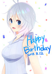 Rule 34 | .live, 1girl, :d, absurdres, antenna hair, bad id, bad pixiv id, bare shoulders, blue eyes, blush, bow, breasts, choco (chocovix112), collared shirt, confetti, dated, dress, eyebrows hidden by hair, grey bow, grey hair, grey shirt, hair between eyes, happy birthday, highres, looking at viewer, medium breasts, open mouth, parted bangs, shirt, short hair, simple background, dennou shoujo siro, sleeveless, sleeveless dress, smile, solo, upper body, virtual youtuber, white background