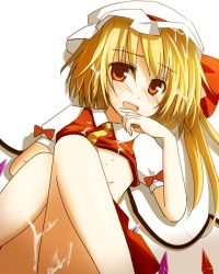 Rule 34 | 1girl, aftersex, asymmetrical hair, blonde hair, blush, clothes lift, cum, embodiment of scarlet devil, female focus, flandre scarlet, hat, lying, mashayuki, on back, red eyes, shirt lift, side ponytail, solo, touhou, wet, wings