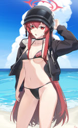 Rule 34 | 1girl, absurdres, arm at side, arm out of sleeve, bandaid, bandaid on face, beach, bikini, black bikini, black jacket, blue archive, breasts, breasts apart, choker, cloud, collarbone, dated, day, feet out of frame, groin, halo, halterneck, helmet, highres, hood, hood down, hooded jacket, horizon, jacket, long hair, long sleeves, navel, ocean, open mouth, outdoors, rabu (blue archive), red eyes, red hair, sand, senshu, signature, small breasts, solo, standing, string bikini, swimsuit, water