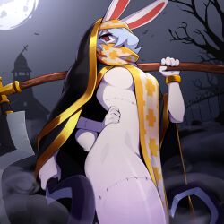 Rule 34 | 1girl, absurdres, animal ears, bare tree, black cape, breasts, cape, church, extra arms, fence, from side, furry, furry female, graveyard, grey hair, grey sky, hair over one eye, highres, holding, holding scythe, holding weapon, hood, hood up, hooded cape, house, large breasts, looking at viewer, moon, naked scarf, original, outdoors, pudgeruffian, rabbit ears, rabbit girl, rabbit tail, red eyes, scar, scarf, scythe, shiny skin, short hair, sideboob, sky, tail, tree, weapon, yellow scarf