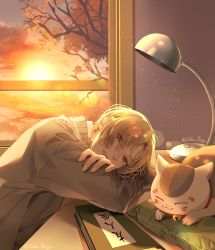 Rule 34 | 1boy, book, desk, desk lamp, highres, indoors, lamp, lens flare, long sleeves, looking at viewer, lying, male focus, natsume takashi, natsume yuujinchou, nyanko-sensei, on pillow, parted bangs, pillow, school uniform, sitting, solo, sparkle, sunlight, sunset, sweater, yellow eyes, yellow theme, zoha