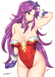 Rule 34 | 1girl, angela (seiken densetsu 3), arm behind head, armpits, artist name, bare shoulders, breasts, closed mouth, collarbone, covered navel, crown, cursive, earrings, female focus, gloves, green eyes, hair intakes, heart, highres, jewelry, large breasts, leotard, long hair, looking at viewer, navel, necklace, pointy ears, purple gloves, purple hair, red leotard, seiken densetsu, seiken densetsu 3, sidelocks, simple background, smile, somegu, square enix, strapless, strapless leotard, swept bangs, thighs, very long hair, white background