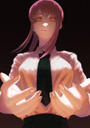 Rule 34 | 1girl, black background, black necktie, breasts, chainsaw man, closed mouth, collared shirt, highres, kanten pan, long hair, long sleeves, looking at viewer, makima (chainsaw man), medium breasts, necktie, open hands, red eyes, red hair, ringed eyes, shirt, simple background, solo, upper body, white shirt