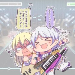 Rule 34 | &gt; &lt;, 10s, 2girls, :d, anger vein, ayasaka, bang dream!, bass guitar, blonde hair, braid, chibi, choker, commentary request, detached sleeves, hair ribbon, heart, heart-shaped mouth, instrument, keytar, long hair, multiple girls, open mouth, outline, outstretched arms, purple choker, purple ribbon, pushing away, ribbon, shaded face, shirasagi chisato, smile, spread arms, standing, standing on one leg, translation request, twin braids, v-shaped eyebrows, wakamiya eve, wavy mouth, white hair, white legwear, white outline, white ribbon, wrist ribbon, xd, yellow choker