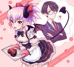 Rule 34 | 1boy, 1girl, ?, apron, black hair, blazer, blue eyes, blush, bow, bowtie, breasts, candy, chocolate, chocolate heart, cleavage, collared shirt, cowboy shot, demon girl, demon horns, demon tail, demon wings, detached collar, detached sleeves, dress, fang, food, frilled apron, frilled dress, frills, frown, glasses, hair bow, heart, holding, holding tray, horns, jacket, kmy-3 (kumayu), necktie, open mouth, original, oven mitts, pink hair, pointy ears, ponytail, shirt, short hair, small breasts, spiked hair, spoken question mark, sweat, tail, tray, valentine, wings