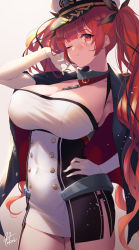 Rule 34 | 1girl, azur lane, black jacket, black ribbon, blush, breasts, buttons, chain, cleavage, closed mouth, collar, covered navel, dress, elbow gloves, fukai ryosuke, gloves, gradient background, hair ribbon, hand in own hair, hand on own hip, hat, highres, honolulu (azur lane), jacket, jacket on shoulders, large breasts, long hair, looking at viewer, metal collar, one eye closed, peaked cap, red eyes, red hair, ribbon, short dress, solo, twintails, white gloves