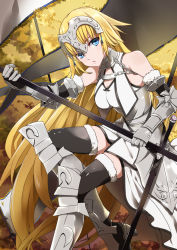 Rule 34 | 1girl, armor, armored boots, armored dress, banner, black thighhighs, blonde hair, blue eyes, boots, chain, dress, fate/apocrypha, fate (series), floating hair, fur trim, gauntlets, holding, holding weapon, jeanne d&#039;arc (fate), jeanne d&#039;arc (ruler) (fate), jeanne d&#039;arc (third ascension) (fate), long hair, parted lips, sheath, shiny clothes, sleeveless, sleeveless dress, solo, thighhighs, very long hair, weapon, white dress, yukichi (mainitiiitenkidana07)