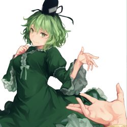 Rule 34 | 1girl, black hat, black ribbon, bow, bracelet, breasts, center frills, commentary request, cowboy shot, dress, frilled sleeves, frills, green bow, green dress, green eyes, hair between eyes, hand on own chest, hands up, hat, hat ribbon, highres, jewelry, light smile, long sleeves, looking at viewer, medium breasts, nuppehofu (nibuta), ofuda, out of frame, petticoat, pov, reaching, reaching towards viewer, ribbon, short hair, simple background, soga no tojiko, solo focus, tate eboshi, touhou, white background, wide sleeves
