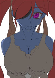 Rule 34 | 1girl, arms behind back, bad id, bad pixiv id, blue skin, bone, breasts, cleavage, colored skin, colorized, covered erect nipples, crop top, eyepatch, hair over one eye, hair ribbon, large breasts, long hair, nipples, no bra, original, parted bangs, purple eyes, red hair, ribbon, sharekoube, simple background, smile, solo, tank top, twintails, upper body, very long hair, zombie, zoni-ko