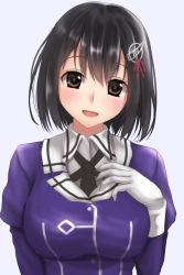 Rule 34 | 1girl, black hair, breasts, brown eyes, gloves, haguro (kancolle), haguro kai ni (kancolle), hair ornament, head tilt, kantai collection, large breasts, open mouth, short hair, simple background, smile, solo, tapisuke, uniform, upper body, white background, white gloves