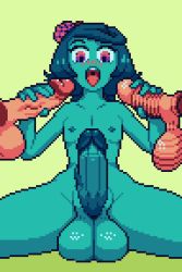 Rule 34 | 3boys, blush, colored skin, double handjob, green hair, green skin, handjob, huge penis, lowres, male focus, monster boy, multiple boys, nipples, open mouth, penis, phreeoni, pixel art, plant boy, red eyes, simple background, testicles, uncensored, yaoi