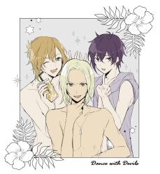 Rule 34 | 3boys, blonde hair, border, brown eyes, copyright name, cup, dance with devils, grey background, holding, holding cup, looking at viewer, multiple boys, nanashiro mage, natsumezaka shiki, purple hair, qi7pi, short hair, sogami urie, topless male, white background, white border
