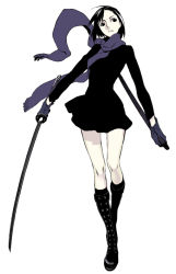 Rule 34 | 1girl, black eyes, black hair, boots, dogs: bullets &amp; carnage, full body, fuyumine naoto, gloves, katana, long sleeves, miwa shirow, scarf, short hair, simple background, skirt, solo, standing, sword, weapon