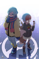 Rule 34 | 1boy, 1girl, absurdres, backpack, bag, black-framed eyewear, blue footwear, blue hair, blue mittens, boots, brown bag, commentary request, creatures (company), eevee, eyelashes, game freak, gen 1 pokemon, glasses, grusha (pokemon), hand in pocket, hand up, hau duck, highres, holding, holding poke ball, hood, hoodie, jacket, long hair, long sleeves, mittens, multicolored hair, nintendo, pantyhose, penny (pokemon), poke ball, poke ball (basic), pokemon, pokemon sv, print pantyhose, red hair, round eyewear, scarf, scarf over mouth, see-through, see-through skirt, shorts, skirt, standing, themed object, tile floor, tiles, two-tone hair, yellow jacket