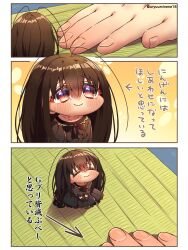 Rule 34 | 1girl, 1other, 3koma, antennae, arrow (symbol), black dress, black gloves, blush, brown eyes, brown hair, chibi, closed eyes, closed mouth, cockroach girl, comic, commentary request, dress, frilled dress, frills, gloves, gradient eyes, harumina mau, highres, long hair, mini person, minigirl, multicolored eyes, original, personification, size difference, smile, tareme, translation request, twitter username, very long hair