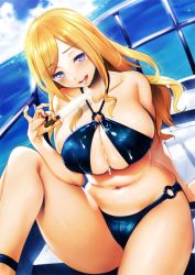 Rule 34 | 1girl, :d, absurdres, arm support, bikini, black bikini, blonde hair, blue eyes, breasts, bright pupils, cleavage, cloud, cloudy sky, criss-cross halter, day, dutch angle, fisheye, food, food on body, halterneck, highres, horizon, huge breasts, huge filesize, long hair, looking at viewer, nail polish, navel, non-web source, o-ring, o-ring bikini, open mouth, outdoors, popsicle, scan, sitting, sky, smile, solo, swimsuit, tomohiro kai, toranoana