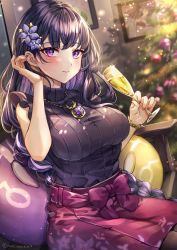 Rule 34 | 1girl, black sweater, blush, bracelet, braid, breasts, christmas, christmas tree, commentary request, cup, drinking glass, floral print, flower, genshin impact, hair behind ear, hair flower, hair ornament, highres, holding, holding cup, jewelry, large breasts, light particles, long hair, looking at viewer, mole, mole under eye, nail polish, necklace, nyamaso, print skirt, purple eyes, purple flower, purple hair, purple nails, raiden shogun, red skirt, ribbed sweater, simple background, skirt, sleeveless, sleeveless sweater, sleeveless turtleneck, slime (genshin impact), solo, sweater, turtleneck, turtleneck sweater, twitter username, very long hair