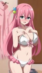 Rule 34 | 1girl, absurdres, bikini, blue eyes, blurry, blurry background, blush, bocchi the rock!, breasts, cleavage, collarbone, commentary, covered erect nipples, embarrassed, english commentary, frilled bikini, frills, gotoh hitori, hair between eyes, hands on own chest, highres, indexxryo, indoors, jacket, large breasts, long hair, looking at viewer, navel, open mouth, pink hair, pink jacket, sidelocks, standing, stomach, swimsuit, thighhighs, unworn jacket, very long hair