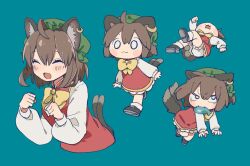 1girl :3 ahoge animal_ear_fluff animal_ear_piercing animal_ears bloomers blue_background blush bow bowtie cat_ears cat_tail chen chibi citrus_(place) commentary_request cropped_torso double-parted_bangs dress earrings fang fang_out fangs fangs_out fish_in_mouth frills green_hat hair_between_eyes hands_up hat jewelry legs_up long_sleeves lying medium_hair mob_cap multiple_tails multiple_views nekomata on_back paw_pose puffy_long_sleeves puffy_sleeves red_dress simple_background single_earring solid_oval_eyes tail touhou tsurime two_tails underwear yellow_bow yellow_bowtie