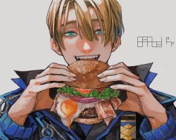 Rule 34 | 1boy, absurdres, bacon, black jacket, blonde hair, blue eyes, blue jacket, burger, constricted pupils, dimitri alexandre blaiddyd, eating, egg (food), fatalbug896, fire emblem, fire emblem: three houses, food, grey background, hair between eyes, highres, holding, holding food, jacket, lettuce, long sleeves, looking at viewer, male focus, meat, multicolored clothes, multicolored jacket, nintendo, onion, open mouth, short hair, signature, simple background, solo, sunny side up egg, tomato, tomato slice, two-tone jacket, upper body