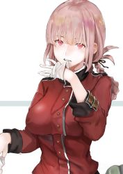 Rule 34 | biting, braid, breasts, fate/grand order, fate (series), florence nightingale (fate), glove biting, gloves, hair tie, harutask, highres, large breasts, military, military uniform, pink hair, ponytail, red eyes, single braid, sleeves rolled up, solo, uniform, white gloves