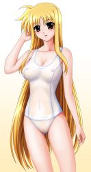 Rule 34 | 00s, 1girl, adjusting hair, blonde hair, breasts, cleavage, covered navel, fate testarossa, highres, large breasts, long hair, lyrical nanoha, mahou shoujo lyrical nanoha, mahou shoujo lyrical nanoha strikers, navel, nipples, one-piece swimsuit, pussy, red eyes, school swimsuit, see-through, smile, solo, swimsuit, uncensored, very long hair, white school swimsuit, white one-piece swimsuit