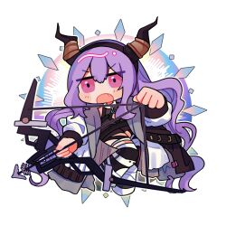 Rule 34 | 1girl, :o, arknights, arrow (projectile), black leotard, black socks, blush stickers, boots, bow (weapon), chibi, commission, diamond (shape), drawing bow, fake horns, fang, hair between eyes, highres, holding, holding bow (weapon), holding weapon, horn hairband, horns, jacket, jitome, kneehighs, leotard, long hair, long sleeves, looking ahead, low twintails, open clothes, open jacket, open mouth, pink eyes, purple hair, simple background, socks, solo, sshooooe, tumblr username, twintails, typhon (arknights), v-shaped eyebrows, very long hair, watermark, weapon, white background, white footwear, white jacket