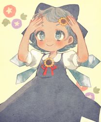 Rule 34 | 1girl, bad id, bad twitter id, blue bow, blue dress, blue eyes, blue hair, blush, bow, cirno, closed mouth, collared shirt, cowboy shot, dress, floral background, floral print, flower, hair bow, hair flower, hair ornament, hairclip, hands on own head, hands up, ice, ice wings, morning glory, morning glory print, neck ribbon, puffy short sleeves, puffy sleeves, ribbon, shirt, short hair, short sleeves, simple background, solo, sunflower, sunflower hair ornament, tanned cirno, touhou, white shirt, wings, x hair ornament, yellow background, yujup