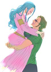 Rule 34 | 1boy, 1girl, ^ ^, blue hair, carrying, closed eyes, commentary request, dress, earrings, goggles, goggles around neck, green shirt, half updo, highres, hug, jewelry, koza (one piece), light blue hair, long dress, long hair, may snmk, nefertari vivi, one piece, pink dress, profile, scar, scar across eye, shirt, short hair, sideburns, sidelocks, simple background, sunglasses, white background