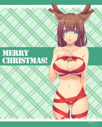 Rule 34 | 1girl, 2015, animal ears, antlers, artist name, bell, blush, breasts, brown hair, christmas, cleavage, cleavage cutout, clothing cutout, collarbone, dated, deer ears, female focus, green background, green eyes, hand on own chest, horns, large breasts, legs, lips, merry christmas, naked ribbon, navel, neck, nude, original, plaid, plaid background, reindeer antlers, reindeer girl, ribbon, short hair, shy, signature, solo, standing, tenjou tsuki