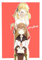 Rule 34 | 10s, 2girls, :&lt;, :d, ^ ^, black legwear, blonde hair, blouse, blush stickers, camisole, chair, closed eyes, closed mouth, collarbone, eyebrows, hand on own chin, head tilt, holding, holding own hair, jewelry, kantai collection, kion-kun, kneeling, legs together, looking at viewer, low twintails, multiple girls, necklace, open mouth, pleated skirt, prinz eugen (kancolle), red background, sailor collar, school uniform, serafuku, shirt, simple background, sitting, sketch, skirt, sleeveless, sleeveless shirt, sleeves past wrists, smile, standing, taihou (kancolle), twintails, twitter username, white shirt, wide-eyed, yellow eyes