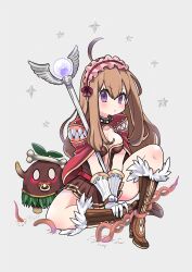 Rule 34 | 1girl, ahoge, blush, bone, boots, breasts, brown dress, brown footwear, brown hair, cape, cleavage, closed mouth, commentary request, creator (ragnarok online), creature, dress, frilled hairband, frills, frown, full body, fur-trimmed footwear, fur trim, gloves, hair between eyes, hairband, highres, holding, holding staff, leaf skirt, liricolilium, long hair, looking at viewer, medium bangs, medium breasts, pacifier, purple eyes, ragnarok online, red cape, red hairband, short dress, signature, simple background, sitting, staff, teeth, white gloves