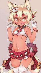 Rule 34 | 1girl, animal ears, bad id, bad tumblr id, bare shoulders, bell, blonde hair, blush, breasts, eyebrows, fang, fox ears, fox tail, gloves, hair ornament, half gloves, hikimayu, jingle bell, microskirt, navel, open mouth, original, rope, shimenawa, short hair, simple background, skirt, small breasts, smile, solo, tail, thighhighs, tomcat (moconeko), white gloves, white thighhighs, yellow eyes, zettai ryouiki