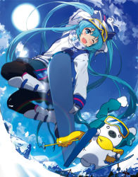 Rule 34 | 1girl, ;d, aqua eyes, aqua hair, boots, coat, day, gloves, hatsune miku, long hair, mountain, ogipote, one eye closed, open mouth, pantyhose, scarf, skiing, skirt, sky, smile, snow boots, snowboard, snowboarding, snowflake print, solo, sun, twintails, v, very long hair, vocaloid, white footwear, white gloves, winter, winter clothes, yuki miku, yukine (vocaloid), zipper