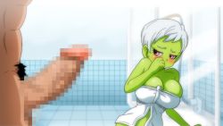 Rule 34 | 1girl, bathroom, blush, breasts, broly (dragon ball z), censored, cheelai, colored skin, dragon ball, dragon ball super, dragon ball super broly, embarrassed, erection, green skin, indoors, large breasts, large penis, looking at another, male pubic hair, mosaic censoring, naked towel, nude, penis, pink eyes, pubic hair, short hair, solo focus, standing, steam, towel, white hair, yamamoto doujin