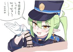 Rule 34 | 1boy, 1girl, bar censor, black hat, black shirt, blue archive, blush, censored, cum, dusu (htkj), earrings, fang, gloves, green hair, green halo, hair between eyes, halo, hat, nozomi (blue archive), jewelry, long hair, long sleeves, open mouth, peaked cap, penis, penis in glove, pointy ears, shirt, simple background, skin fang, smile, speech bubble, translation request, twintails, white background, white gloves, yellow eyes