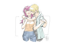 Rule 34 | 2girls, arm around neck, bare arms, black pants, blonde hair, blue jacket, brown tank top, closed eyes, commentary, cowboy shot, denim, english commentary, highres, holding hands, jacket, jeans, jewelry, kaleido star, kiss, kissing cheek, layla hamilton, long hair, multiple girls, naegino sora, open mouth, pants, pink hair, rekari (rekari628), ring, short sleeves, simple background, smile, tank top, wedding ring, white background, wife and wife, yuri