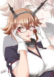 Rule 34 | 1girl, 2019, adjusting eyewear, artist name, bespectacled, black capelet, blush, breasts, brown hair, capelet, collar, collarbone, dated, flipped hair, glasses, gloves, green eyes, headgear, highres, kantai collection, kiriki haruomi, large breasts, looking at viewer, metal collar, mutsu (kancolle), mutsu kai ni (kancolle), parted lips, pink lips, short hair, solo, white background, white gloves, zoom layer