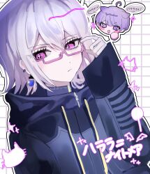 Rule 34 | 1other, adjusting eyewear, ahoge, character name, chibi, chibi inset, closed mouth, commentary request, earrings, glasses, grey hair, hair between eyes, halara nightmare, hand up, highres, hood, hood down, hooded coat, jewelry, long sleeves, looking at viewer, master detective archives: rain code, open mouth, other focus, outline, pink-framed eyewear, pink eyes, purple eyes, purple hair, semi-rimless eyewear, shirase aron (sisisiroo), short hair, smile, sparkle, speech bubble, translation request, white background, yuma kokohead