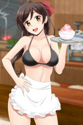 Rule 34 | 10s, 1girl, adapted costume, ahoge, apron, bikini, bikini top only, black bikini, blurry, blurry background, blush, breasts, breasts apart, brown eyes, brown hair, collarbone, food, fuuma nagi, hair ornament, hairclip, hand on own hip, highres, indoors, kantai collection, long hair, looking at viewer, mamiya (kancolle), medium breasts, navel, open mouth, solo, straight hair, swimsuit, upper body, white apron