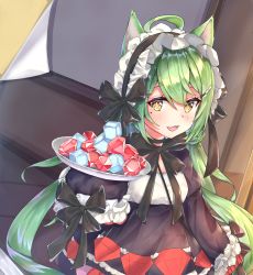 Rule 34 | 1girl, :3, :d, ahoge, akashi (azur lane), akashi (the black cat cometh!) (azur lane), animal ears, azur lane, black bow, black dress, black hairband, blush, bow, breasts, brown eyes, cat ears, commentary request, cube, dress, frilled hairband, frilled sleeves, frills, gem, gothic lolita, green hair, hair between eyes, hairband, highres, holding, holding plate, indoors, juliet sleeves, lolita fashion, long hair, long sleeves, looking at viewer, mishuo (misuo69421), mole, mole under eye, open mouth, plate, puffy sleeves, red gemstone, sleeves past fingers, sleeves past wrists, small breasts, smile, solo, standing, very long hair, wisdom cube (azur lane)