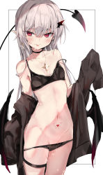 Rule 34 | 1girl, :p, absurdres, bare shoulders, black bra, black choker, black panties, blush, bra, choker, closed mouth, collarbone, cowboy shot, cross, cross earrings, cross necklace, demon girl, demon tail, demon wings, earrings, flat chest, grey hair, highres, jewelry, long hair, long sleeves, looking at viewer, lowleg, lowleg panties, navel, necklace, original, panties, panty pull, pointy ears, pubic tattoo, red eyes, simple background, sleeves past fingers, sleeves past wrists, smile, solo, stomach, strap slip, tail, tattoo, thigh strap, tongue, tongue out, toshizou (0714), underwear, very long hair, white background, wings