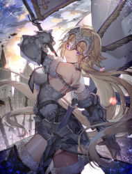 Rule 34 | 1girl, absurdres, arched back, arm at side, armor, armored dress, bare shoulders, blonde hair, blurry, breasts, building, church, cloud, cloudy sky, colored eyelashes, commentary request, cowboy shot, depth of field, evening, fate/apocrypha, fate/grand order, fate (series), faulds, flag, from behind, fur trim, gauntlets, headpiece, highres, huge filesize, jeanne d&#039;arc (fate), jeanne d&#039;arc (ruler) (fate), jeanne d&#039;arc (third ascension) (fate), jitome, krage (32700181), large breasts, light smile, lips, long hair, looking at viewer, outdoors, outstretched arm, pink lips, purple eyes, sheath, sheathed, sky, smile, solo, standard bearer, standing, sword, tareme, thighhighs, thighs, very long hair, weapon