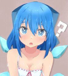 Rule 34 | 1girl, :o, ?, bare shoulders, blue bow, blue eyes, blue hair, blush, bow, breasts, bright pupils, cirno, cleavage, commentary request, drop shadow, fang, grey background, hair between eyes, hair bow, ice, ice wings, looking at viewer, medium hair, mizune (winter), open mouth, simple background, small breasts, solo, straight-on, strap slip, sweat, touhou, upper body, white pupils, wings